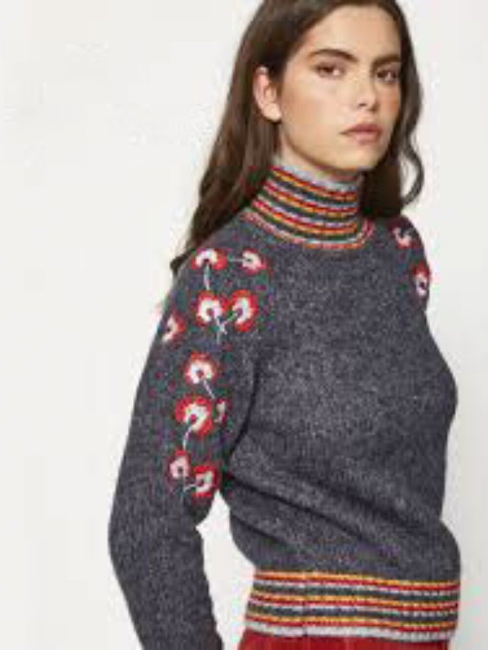 MD'M Embroidered High Neck Sweater Charcoal Grey Floral Knit Striped Small